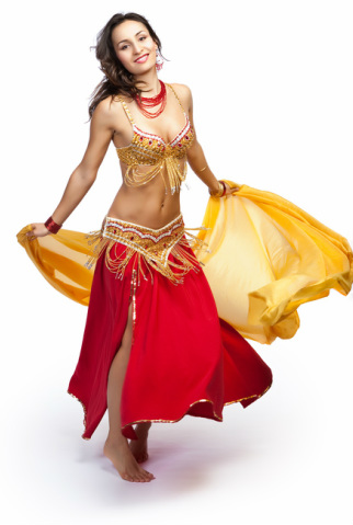Mihaela Coman,  Professional International Belly Dance Performer, Instructor, Choreographer. Red, orange and gold bellydancing costume with veil. http://www.probellydancer.com